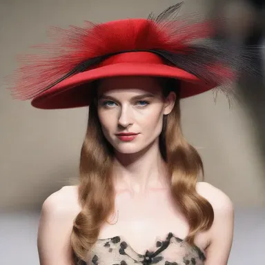 The fashion designer showcased a unique percher hat adorned with feathers on the runway.