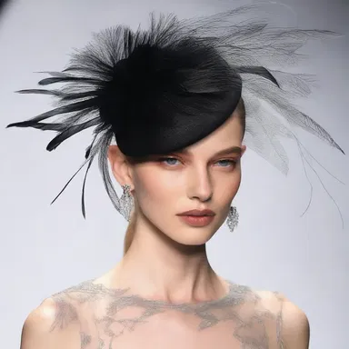 The fashion designer showcased a unique percher hat adorned with feathers on the runway.