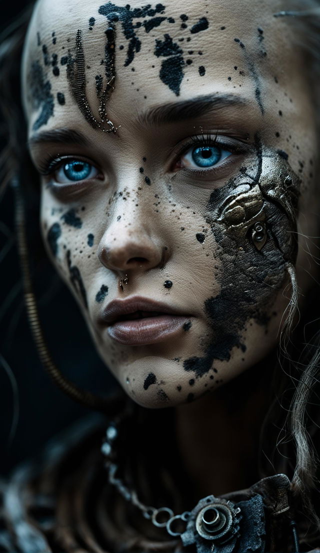 Ultra-close-up Vogue-style editorial shot of a stunning post-apocalyptic model. Bald, blonde woman with intense blue eyes, flawless skin dusted with ash and dirt, full lips painted with deep earthy lipstick. Adorned with unique accessories like a rusted gear earring and metallic eyebrow paint. Dramatic lighting highlights her chiseled features against a blurred background.