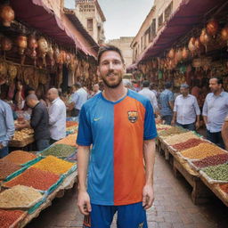 Lionel Messi, the famous football player, standing in a bustling Moroccan market with traditional Moorish architecture, vibrant colors, and local people around him.