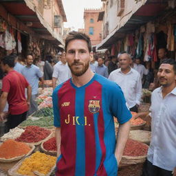 Lionel Messi, the famous football player, standing in a bustling Moroccan market with traditional Moorish architecture, vibrant colors, and local people around him.