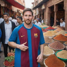 Lionel Messi, the famous football player, standing in a bustling Moroccan market with traditional Moorish architecture, vibrant colors, and local people around him.