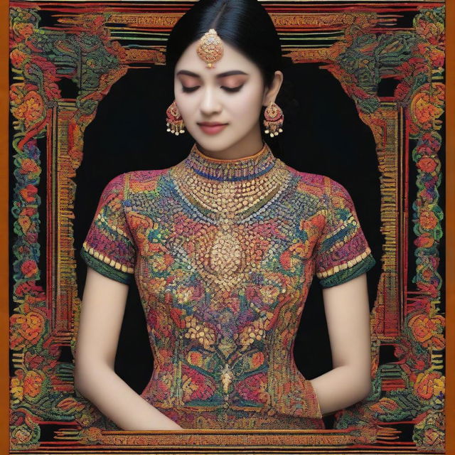 An exquisite digital art piece displaying a mirror embroidery design for the back neck, front neck, and hands