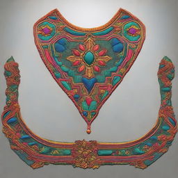 An exquisite digital art piece displaying a mirror embroidery design for the back neck, front neck, and hands