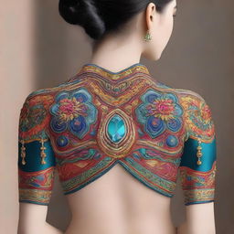 An exquisite digital art piece displaying a mirror embroidery design for the back neck, front neck, and hands