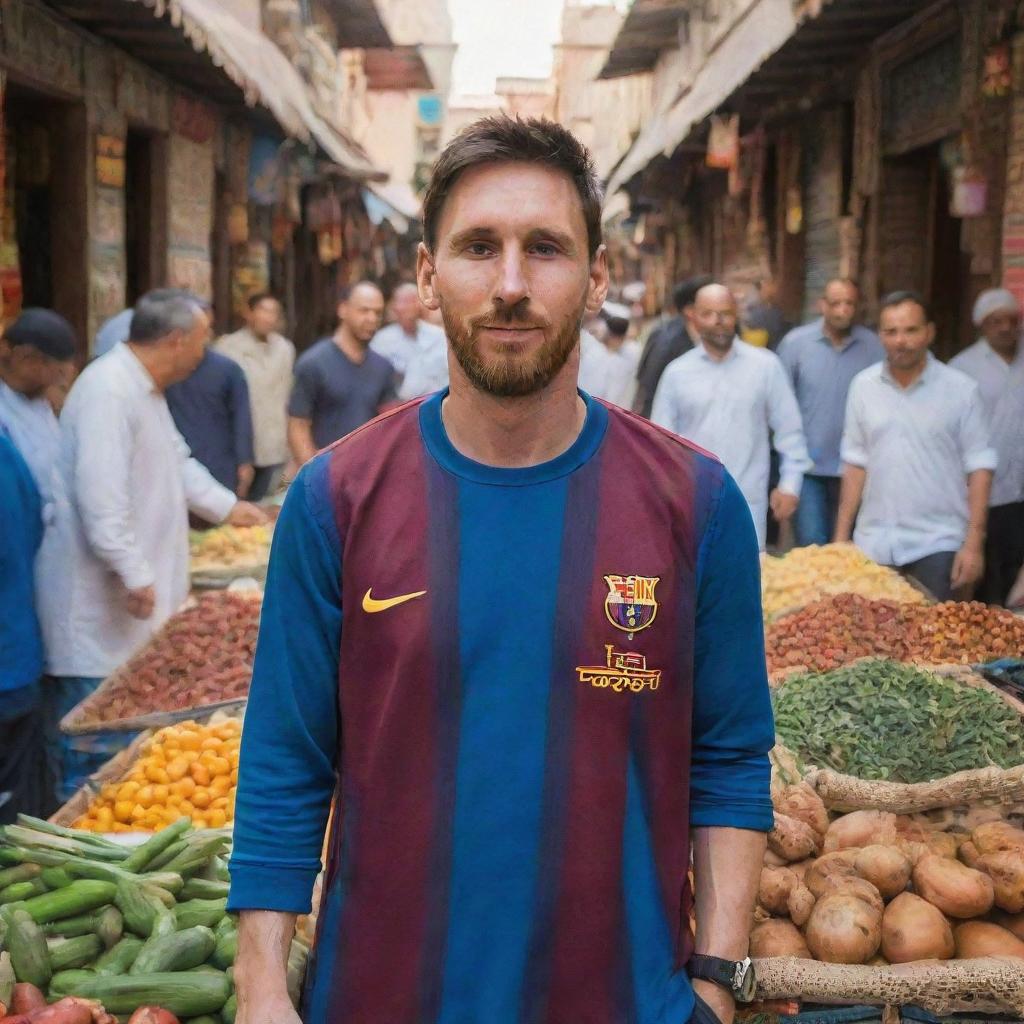 Lionel Messi, the famous football player, standing in a bustling Moroccan market with traditional Moorish architecture, vibrant colors, and local people around him.