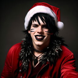 An exuberantly joyful Santa Claus now wears a complete 2009 emo ensemble including black lipstick, a stylish emo fringe, and distinctive emo attire, engrossed in taking a self-portrait.