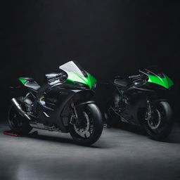 A sleek Kawasaki Ninja H2R motorcycle standing next to a polished Audi RS6 under muted lighting.