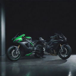 A sleek Kawasaki Ninja H2R motorcycle standing next to a polished Audi RS6 under muted lighting.