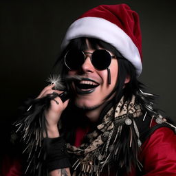 An exuberantly joyful Santa Claus now wears a complete 2009 emo ensemble including black lipstick, a stylish emo fringe, and distinctive emo attire, engrossed in taking a self-portrait.