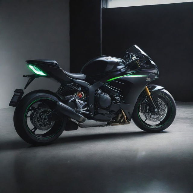 A sleek Kawasaki Ninja H2R motorcycle standing next to a polished Audi RS6 under muted lighting.