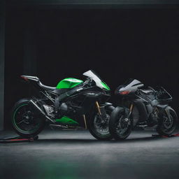 A sleek Kawasaki Ninja H2R motorcycle standing next to a polished Audi RS6 under muted lighting.