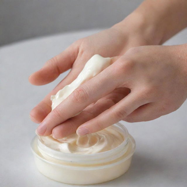 A detailed image of a hand applying luxurious skin care cream, displaying the skin's healthy glow after application