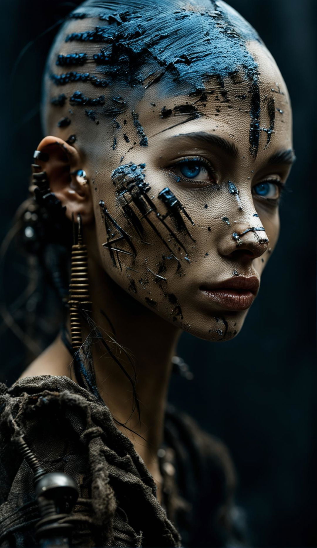 3/4 side profile of a 21-year-old post-apocalyptic model. Bald, blonde woman with intense blue eyes, flawless skin dusted with ash and dirt, full lips painted with deep earthy lipstick. Adorned with unique accessories like a rusted gear earring and metallic eyebrow paint. Dramatic lighting highlights her chiseled features against a blurred background.