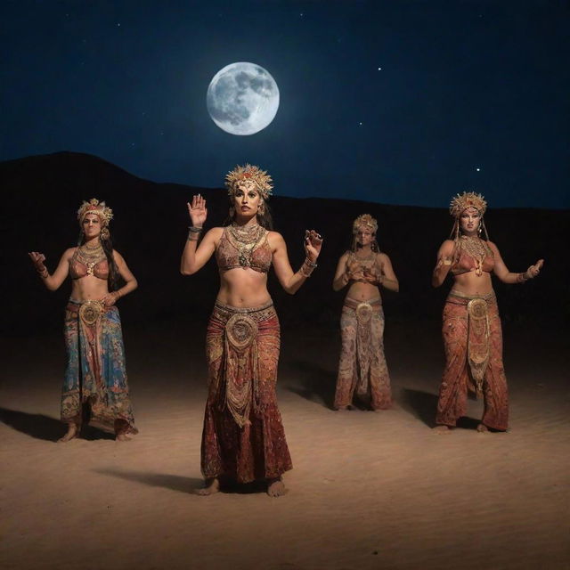 Moon worship ritual in the desert at night, featuring dancers in eccentric ancient attire.