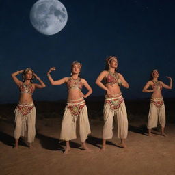 Moon worship ritual in the desert at night, featuring dancers in eccentric ancient attire.