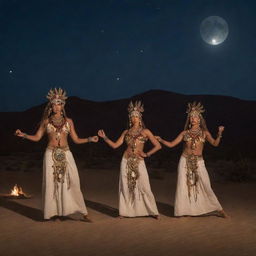 Moon worship ritual in the desert at night, featuring dancers in eccentric ancient attire.