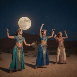 Moon worship ritual in the desert at night, featuring dancers in eccentric ancient attire.