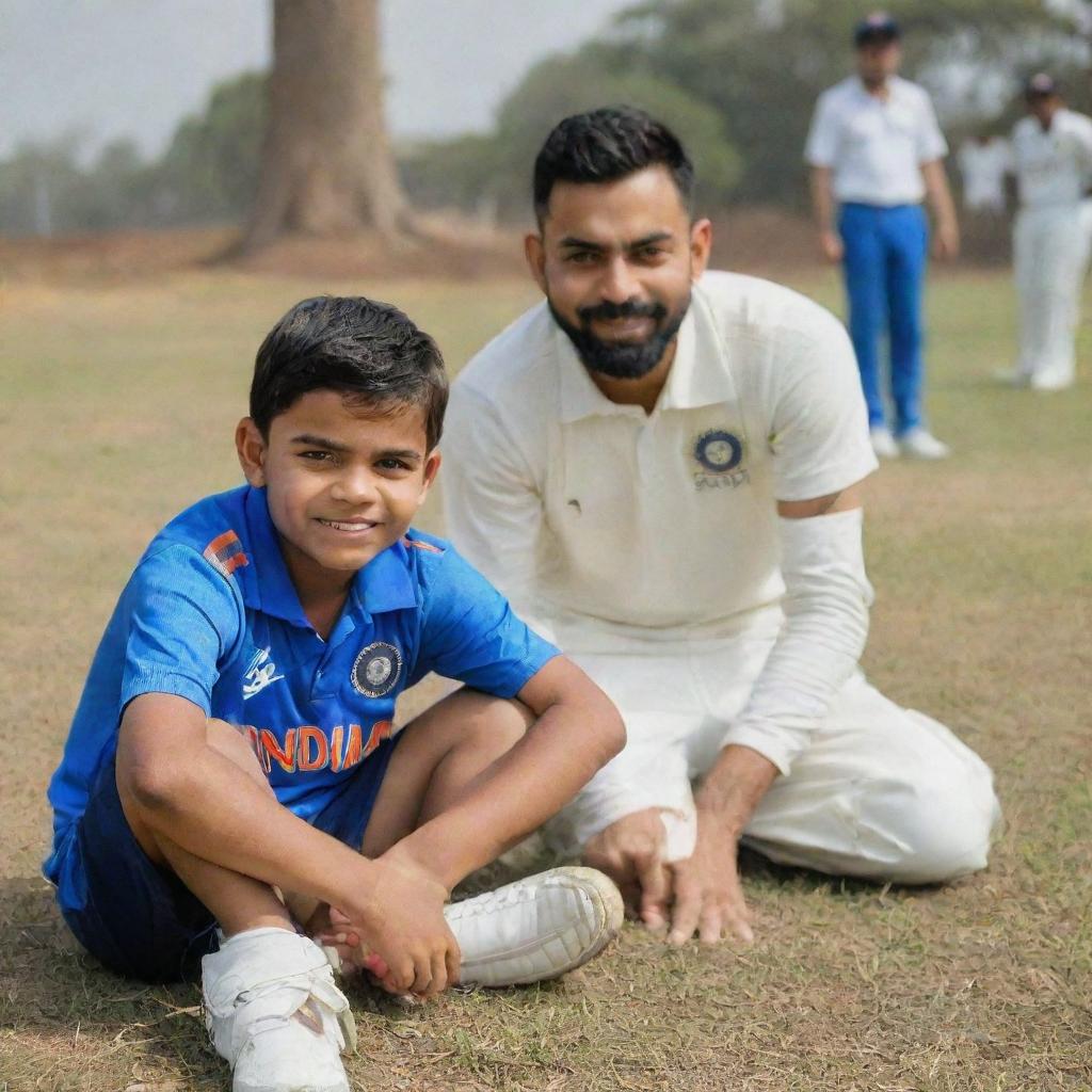 A young boy wearing an Indian cricket jersey bearing the name Raman and the number 18, sitting on the ground, with cricket superstar Virat Kohli in the background.