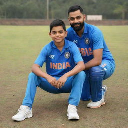 A young boy wearing an Indian cricket jersey bearing the name Raman and the number 18, sitting on the ground, with cricket superstar Virat Kohli in the background.