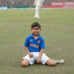 A young boy wearing an Indian cricket jersey bearing the name Raman and the number 18, sitting on the ground, with cricket superstar Virat Kohli in the background.