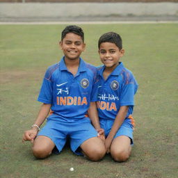 A young boy wearing an Indian cricket jersey bearing the name Raman and the number 18, sitting on the ground, with cricket superstar Virat Kohli in the background.