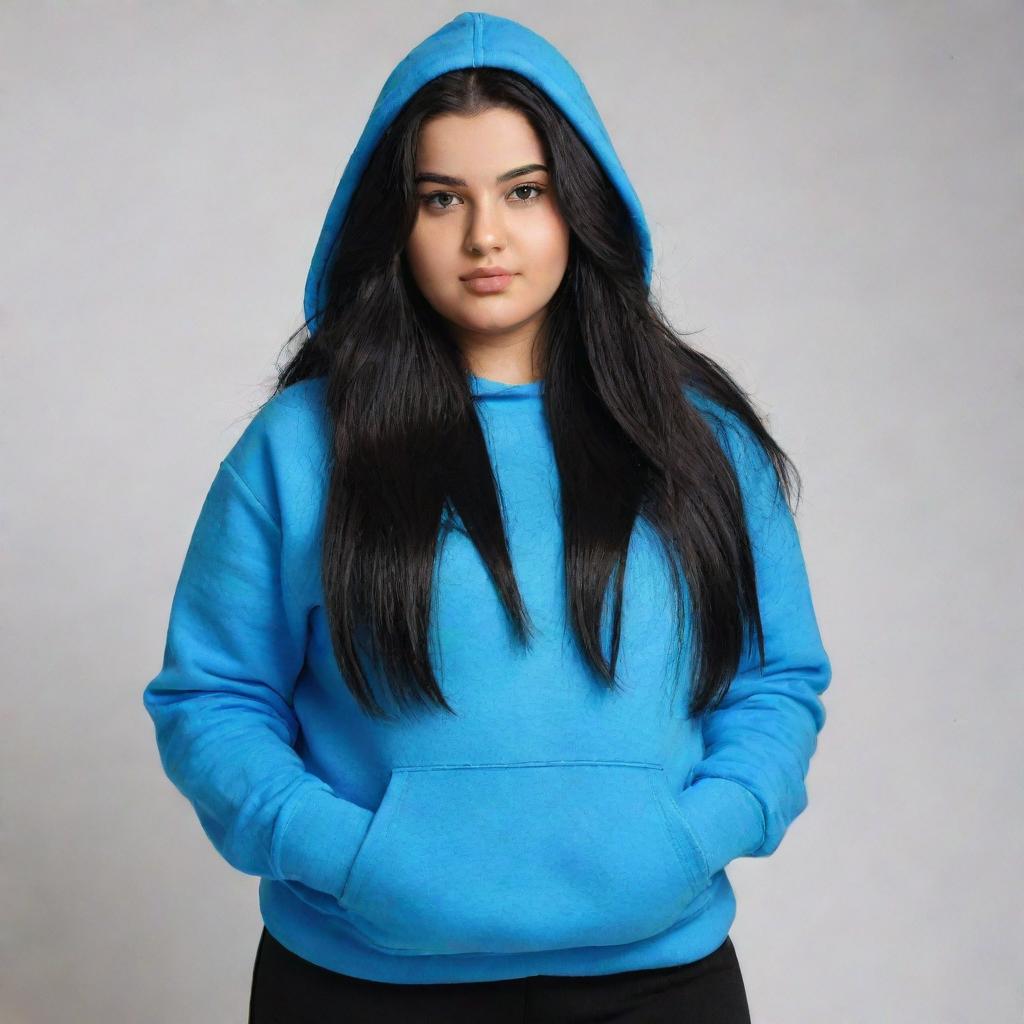 A slightly chubby Arab girl with long, black hair and black eyes, donned in a blue hoodie and black pants