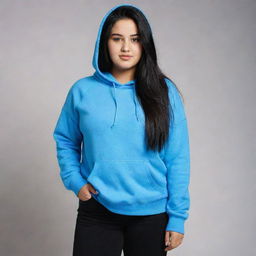 A slightly chubby Arab girl with long, black hair and black eyes, donned in a blue hoodie and black pants