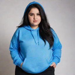 A slightly chubby Arab girl with long, black hair and black eyes, donned in a blue hoodie and black pants