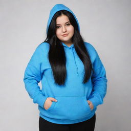 A slightly chubby Arab girl with long, black hair and black eyes, donned in a blue hoodie and black pants