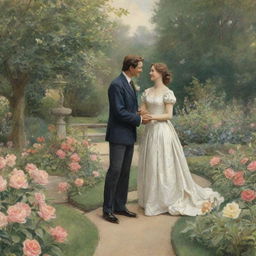 An illustration of a romantic encounter in a scenic garden, with a heroic figure and heroine exchanging affectionate smiles and glances