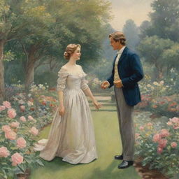 An illustration of a romantic encounter in a scenic garden, with a heroic figure and heroine exchanging affectionate smiles and glances