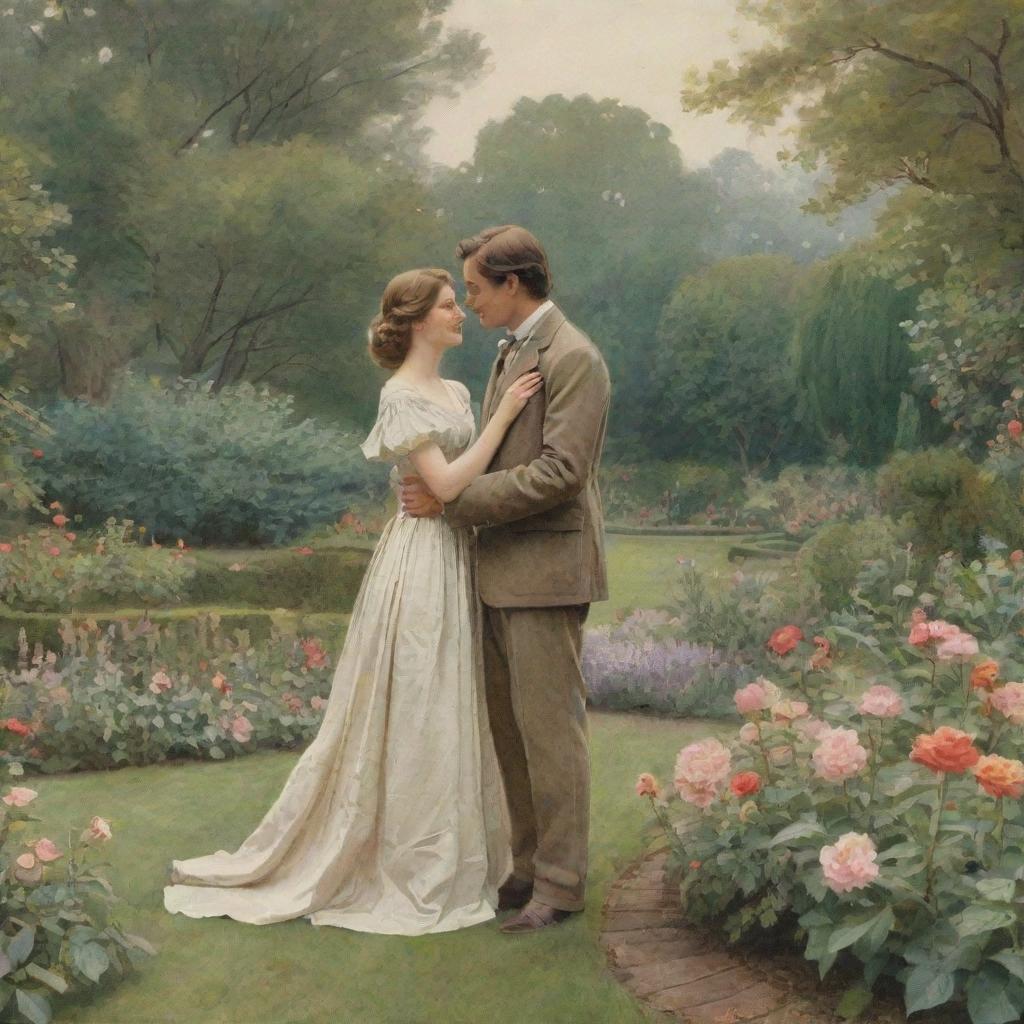 An illustration of a romantic encounter in a scenic garden, with a heroic figure and heroine exchanging affectionate smiles and glances