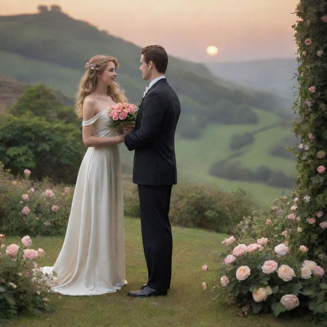 A heroic figure presenting a mesmerizingly beautiful flower to his love interest in an atmospheric, romantic setting