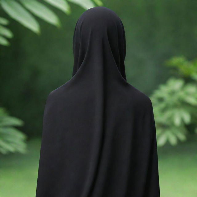 A 3D image of the back of a girl wearing a black hijab, standing against a lush green background