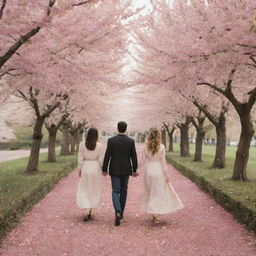 A romantic couple strolling through a garden filled with blooming cherry trees, surrounded by gently falling petals.