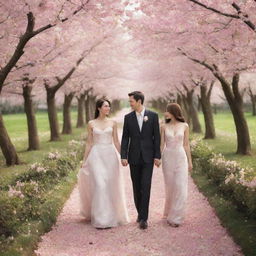 A romantic couple strolling through a garden filled with blooming cherry trees, surrounded by gently falling petals.