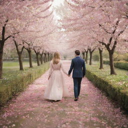 A romantic couple strolling through a garden filled with blooming cherry trees, surrounded by gently falling petals.