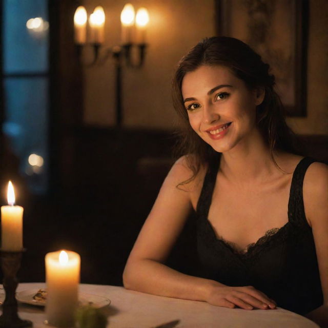 A beautiful heroine smiling captivatingly at her hero across a candlelit table in an atmospheric, romantic restaurant