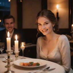 A captivating heroine smiling at the hero as they enjoy a romantic candlelit dinner in a cozy restaurant. Their table is adorned with elegant cutlery, fine china, and a flickering candle creating a soft, warm glow.