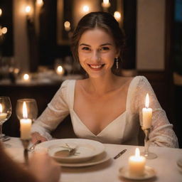 A captivating heroine smiling at the hero as they enjoy a romantic candlelit dinner in a cozy restaurant. Their table is adorned with elegant cutlery, fine china, and a flickering candle creating a soft, warm glow.