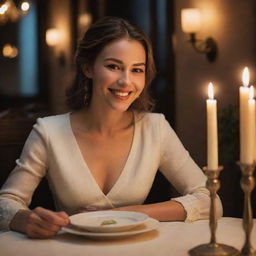 A captivating heroine smiling at the hero as they enjoy a romantic candlelit dinner in a cozy restaurant. Their table is adorned with elegant cutlery, fine china, and a flickering candle creating a soft, warm glow.