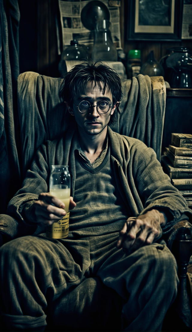 A raw photograph of Harry Potter in his 30s, seated in a cluttered living room, looking strung out and gaunt. His hair is grey and unkempt, his glasses held together with Spellotape, and his robes are rumpled. He holds his wand loosely and a half-eaten sandwich in his hands.