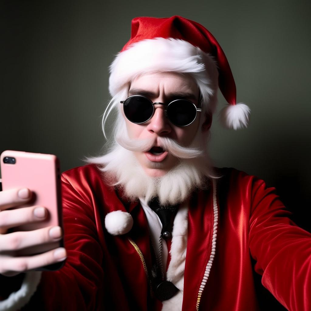 santa claus as a hardcore scene emo goth taking a selfie