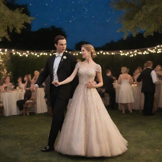 The hero tenderly holds the heroine's hand and leads her in a romantic dance during an outdoor party, under a starlit sky, set in an elegant garden.