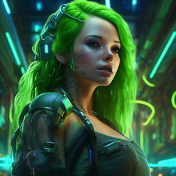 Create a hyper-realistic, UHD neon cyberpunk image of a green-haired pregnant woman, astonished by the beauty and perfection of her unborn baby. Highlight vivid colors, natural textures, and high details.