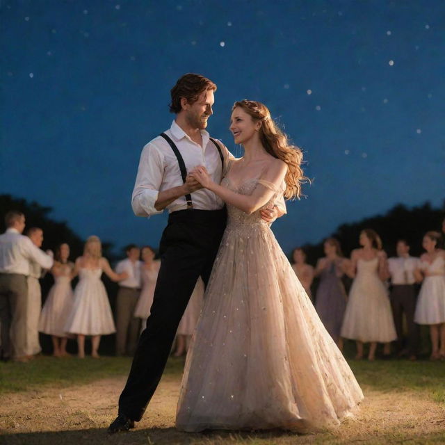 A heroic figure leading a heroine in a romantic dance during an outdoor event, under a starlit sky