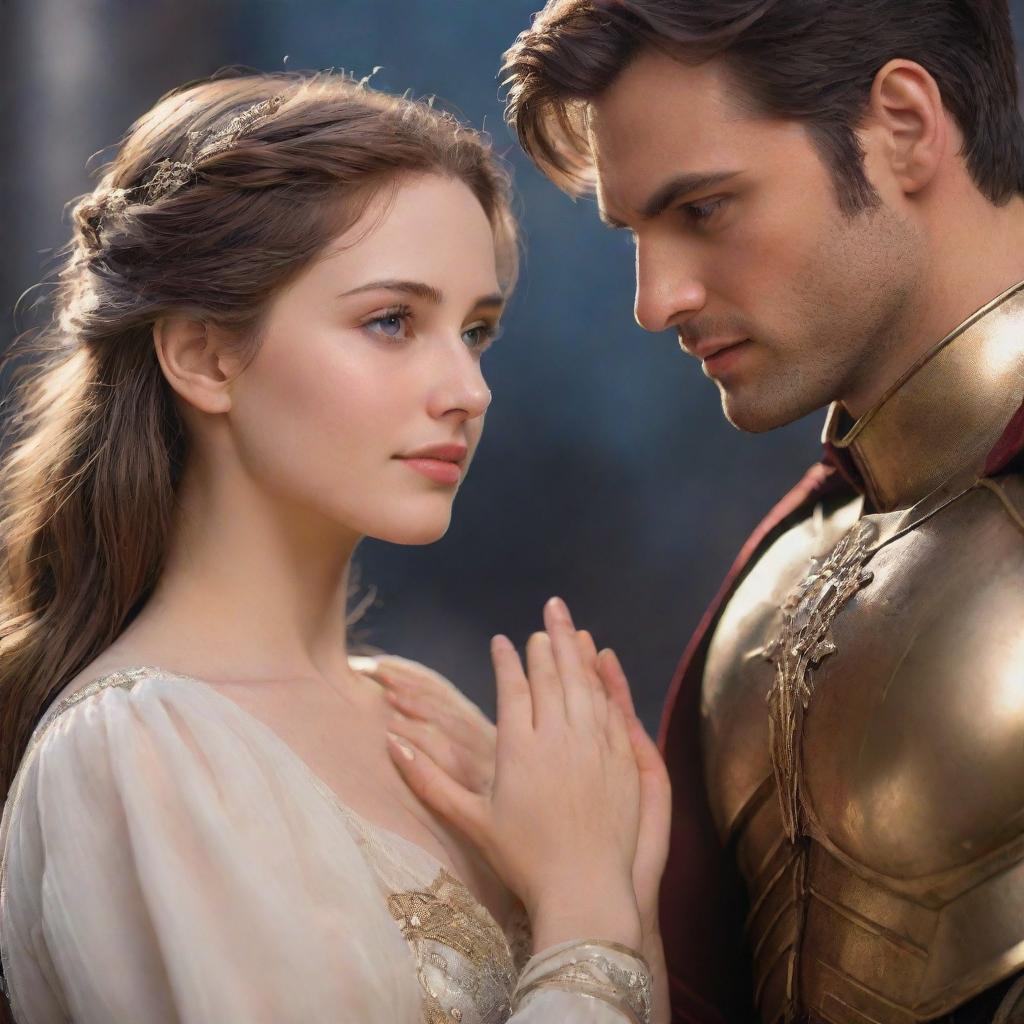 A gentle heroine placing her hand on the heart of a hero, looking at him with eyes radiating love and tenderness in a beautifully illuminated scene.