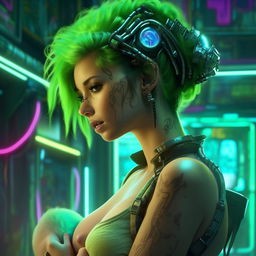 Create a hyper-realistic, UHD neon cyberpunk image of a green-haired pregnant woman, astonished by the beauty and perfection of her unborn baby. Highlight vivid colors, natural textures, and high details.