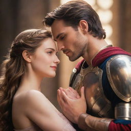 A gentle heroine placing her hand on the heart of a hero, looking at him with eyes radiating love and tenderness in a beautifully illuminated scene.